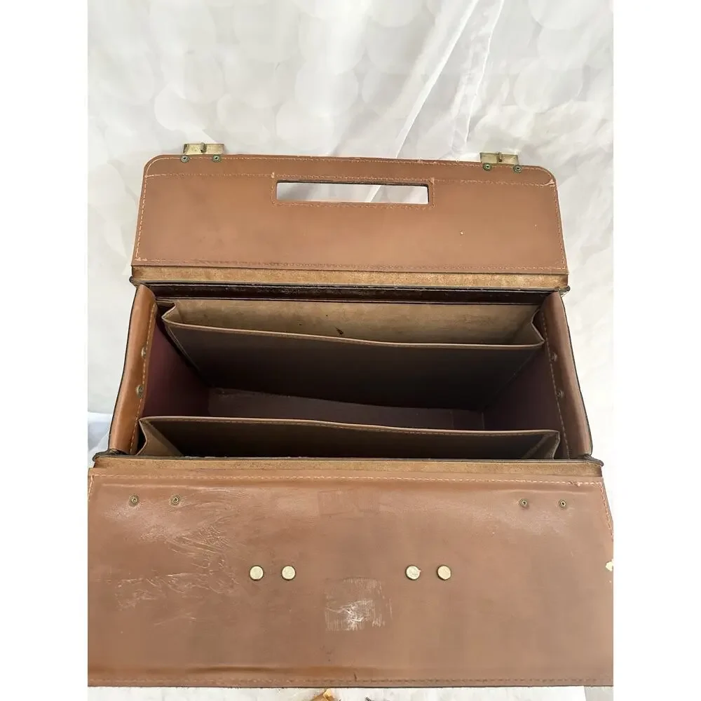 Vintage 50s Brown Leather Briefcase Attaché Case With 2 Keys Home Decor Legal